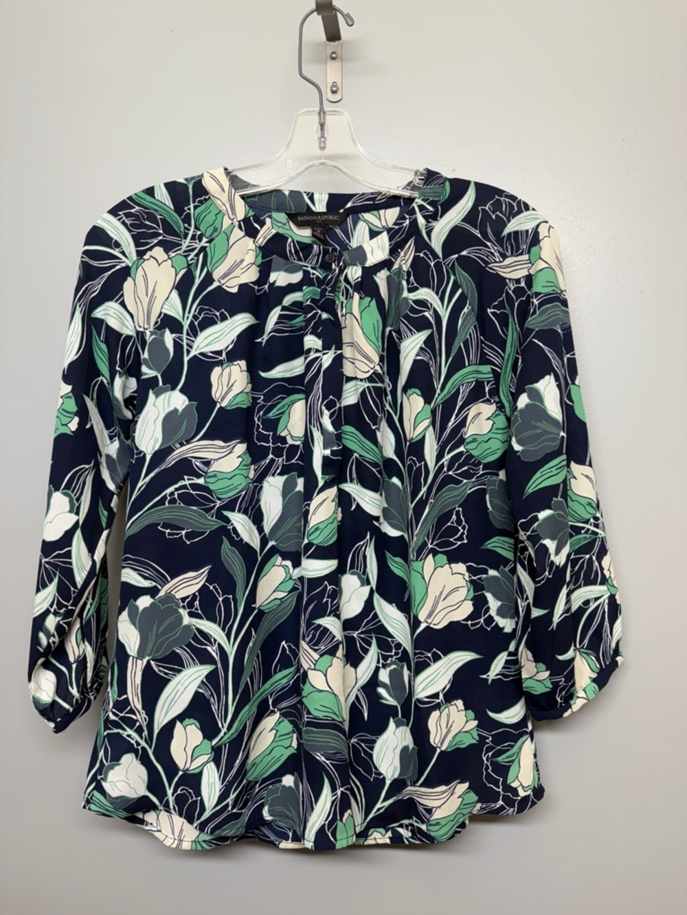 Banana Republic Navy Floral Print Oversized Blouse with Green and Cream Leaves
